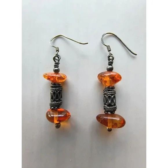 Vtg Sterling Silver‎ Baltic Amber Drop Earrings Cognac Honey Artisan Dangle 925