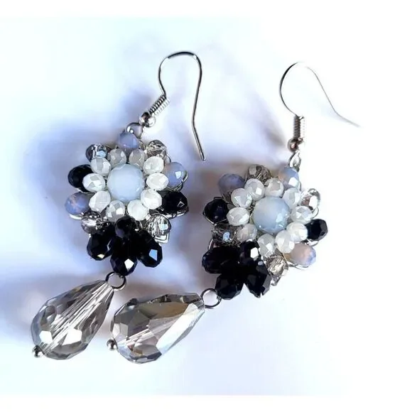 Beautiful Grayscale Fairy Flower Crystal Tear Drop Earrings 2.5 in