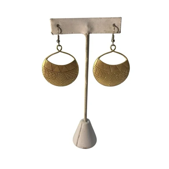 Vintage‎ Gold Tone Etched Geometric Chevron Round Pierced Dangle Earrings