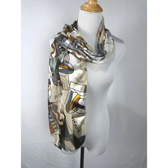 Picasso Scarf Women 12x60 Cream Good Cubist Art Print Silky Rectangular Wrap