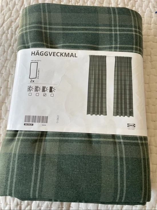 New IKEA HAGGVECKMAL Curtains 1 Pair Green Plaid 57x84”