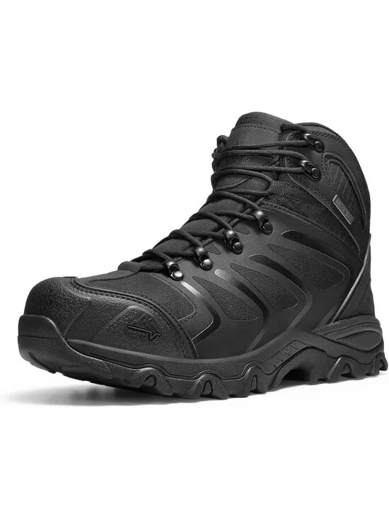 Men's Black Waterproof Shoes Casual Mid Top Steel Toe Non Slip Hiking Boots