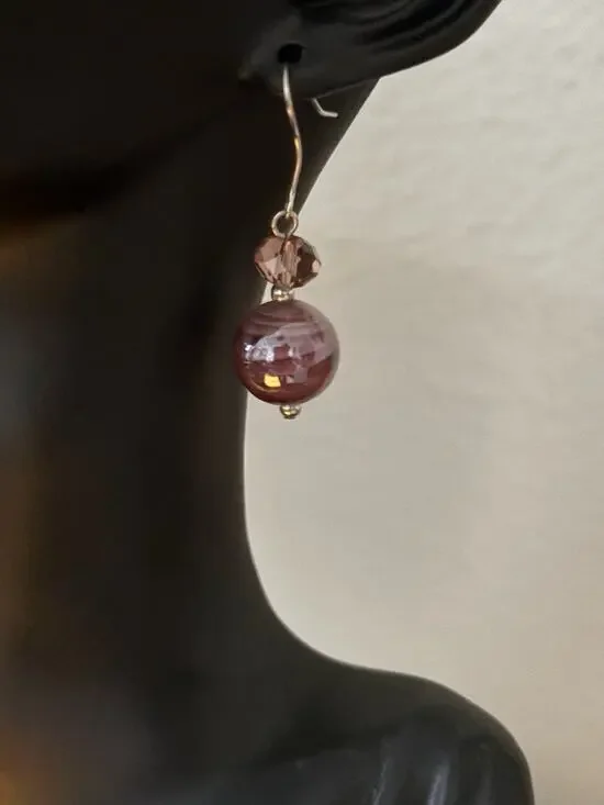 Vintage Pink Stone Purple Bead Fashion Earrings, Dangle Earrings Handmade