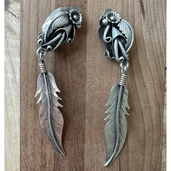 VTG Navajo George Begay‎ Clip Earrings 2.75 Inch Blossom Feather Sterling 11.2g