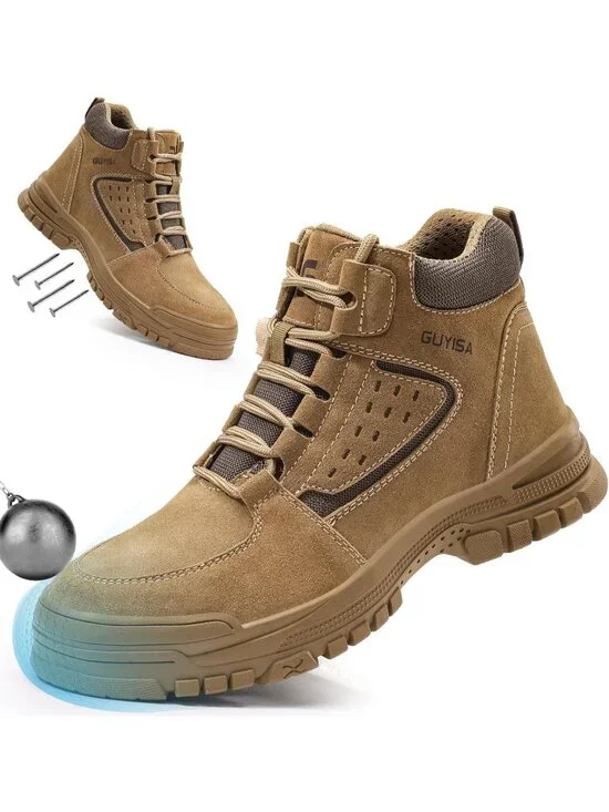Men's Brown Splashproof Shoes Casual High Top Steel Toe Non Slip Hiking Boots