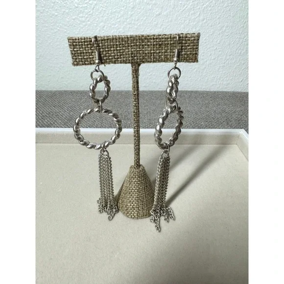 Silver Tassel Drop Earrings Women OS Boho Textured Rope Chain Festival Unbranded