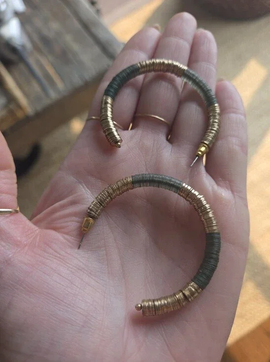 Womens Handmade Gold and Olive Green Wrapped Hoop Earrings 1.5