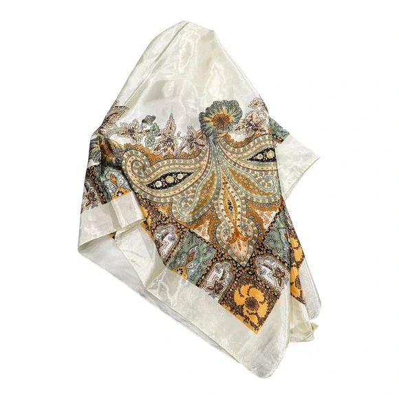 Vintage Paisley Floral Square Scarf Cream Gold Green Satin Silky Head Wrap 34in
