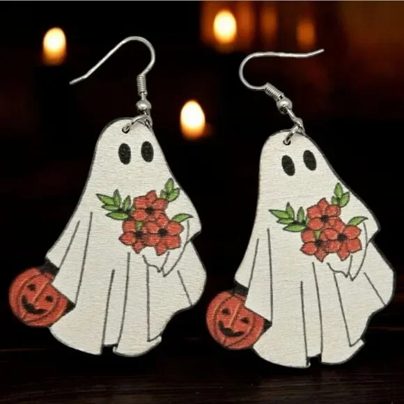 Ghost Earrings Cute Spooky Halloween Jewelry Jack O'Lantern Wooden Dangle Gothic