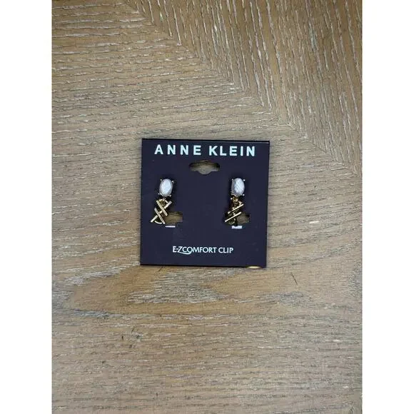 Anne Klein Gold Clip-On Earrings White Stone Geometric EZ Comfort Clip New