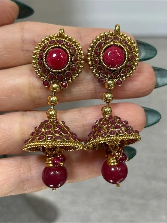 Traditional Gold-Tone Red Jhumka Earrings - Elegant Women Jewelry