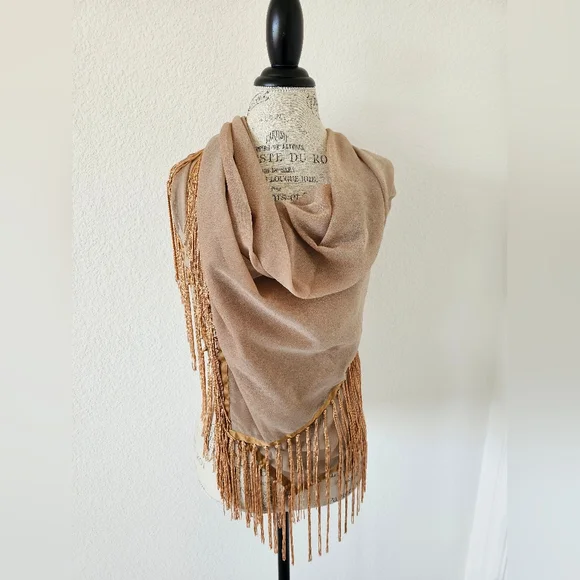 Cejon Accessories Tan Fringe Wrap Shawl Boho Evening Stole Neutral Oversized