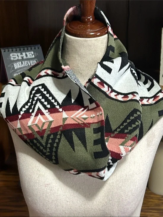 Wallflower Olive & Rust Aztec Knit Infinity Scarf NWOT
