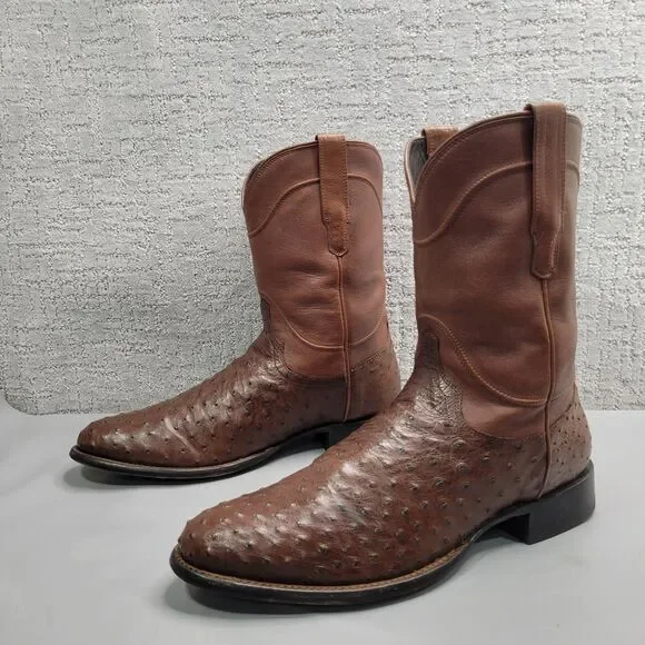 Tecovas The Earl Mens Size US 13D Hazelnut Ostrich Leather Pull-On Roper Boots
