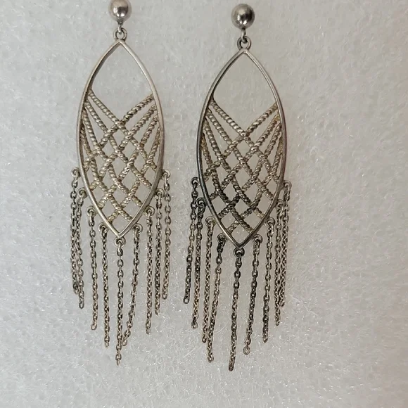 Silver Drop Dangle Weaved Grid Earrings