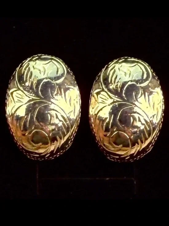 Vintage goldtone, etched puffed pierced earrings