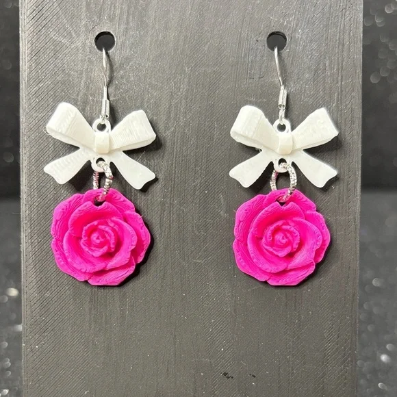 Pink Rose and White Bow Earrings