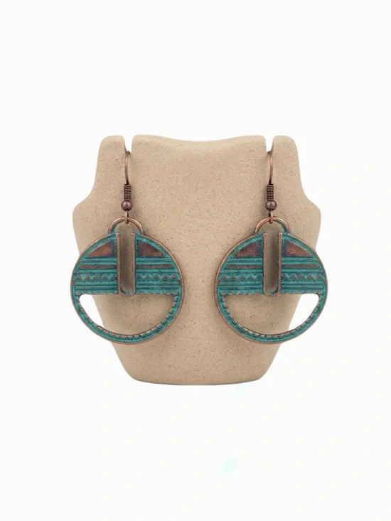 New Womans Turquoise Patina Round Metal Tribal Style Bronze Dangle Hook Earrings