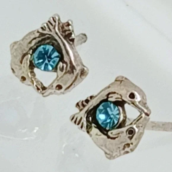 Sterling Silver 925 Dolphin Stud‎ Earrings Blue Crystal Nautical Vintage Jewelry