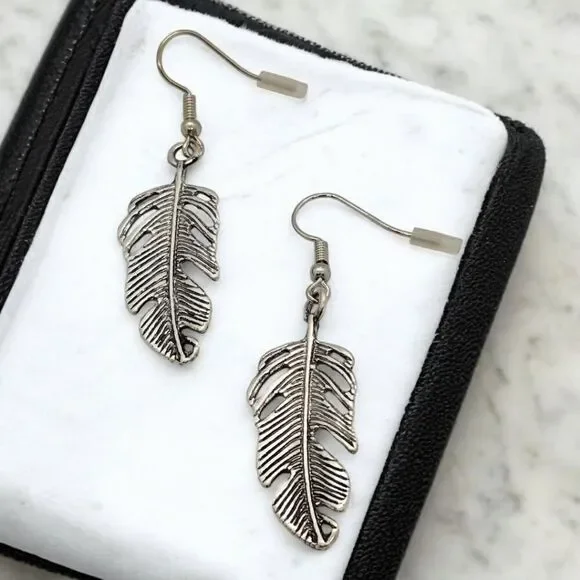Tribal Eagle Feather Dangle Drop Earrings Boho Native American Jewelry Silver