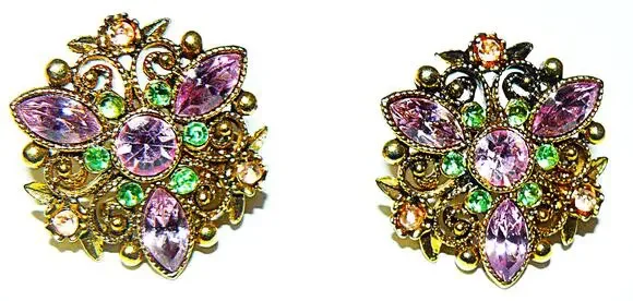 Vintage Avon Gold-Tone ClipOn Earrings Purple Green Rhinestones Floral Design