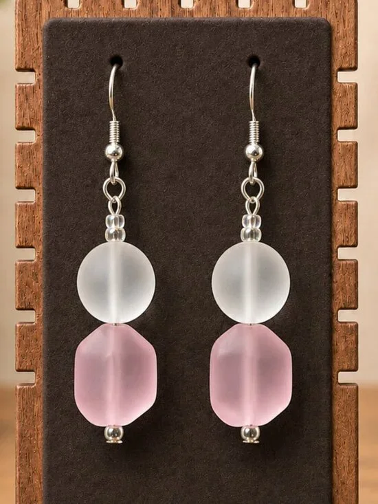White & Pink Sea Glass Drop Earrings | Handmade