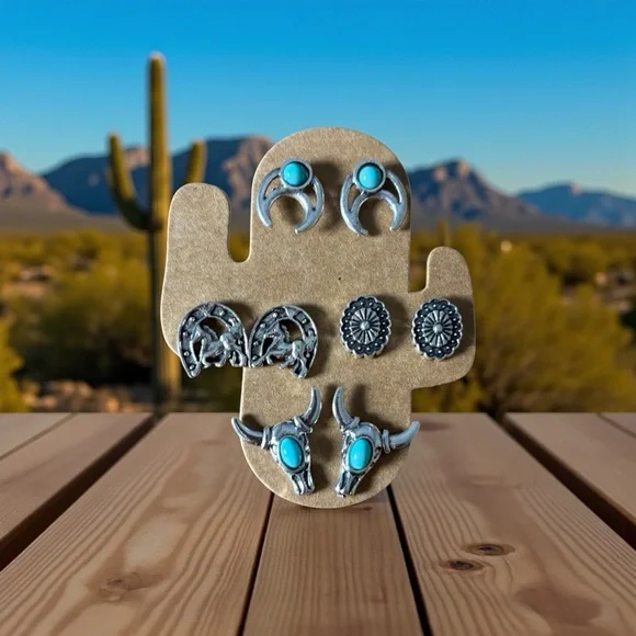 Bohemain Turquoise and Silver Western Flair Bull Skull Earrings Set
