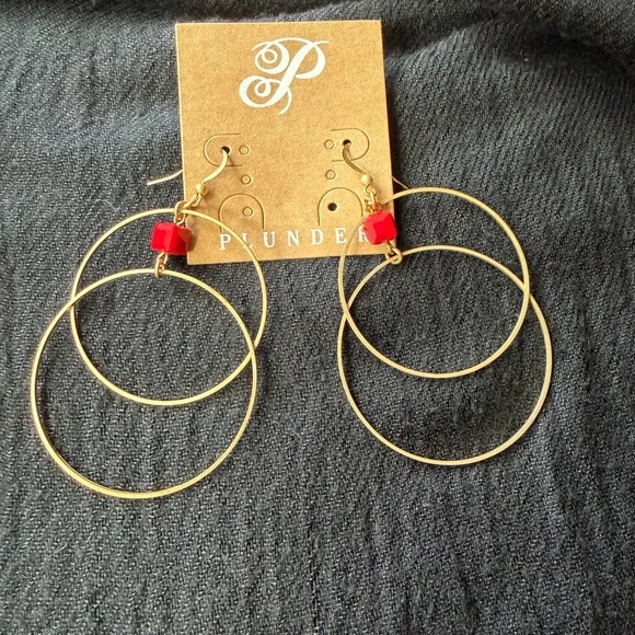 ‼️NWT Plunder Gold Double Hoop Earrings with Red Charm
