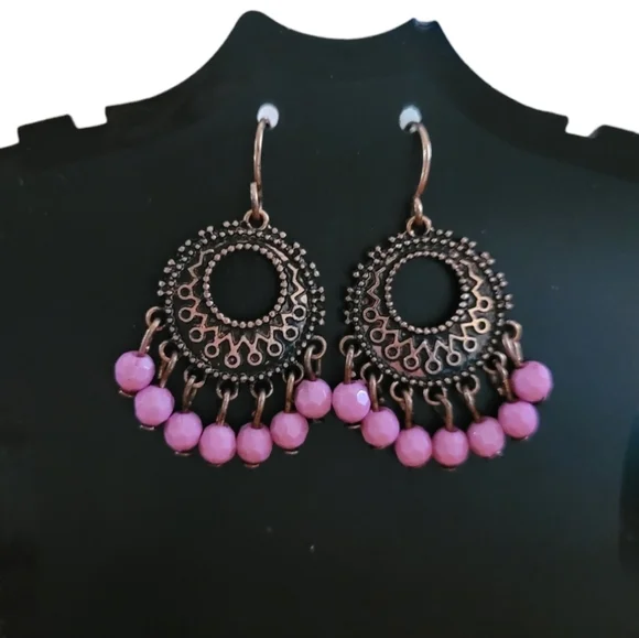Vintage Pink Beaded Copper Filigree Chandelier Earrings‎
