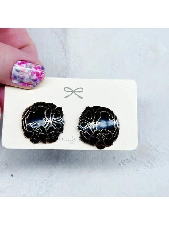 5345mc. Black Cloisonne Earrings Vintage