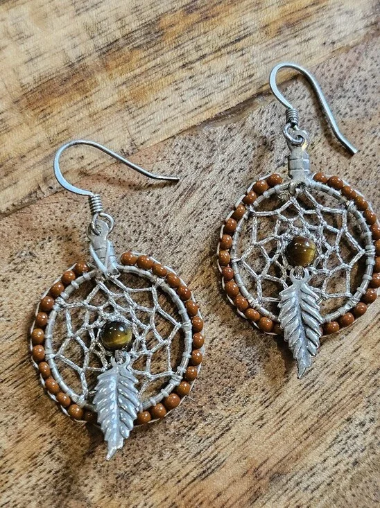 Boho Dreamcatcher Feather Drop Earrings Brown Beads & Silvertone Webbing/Charm