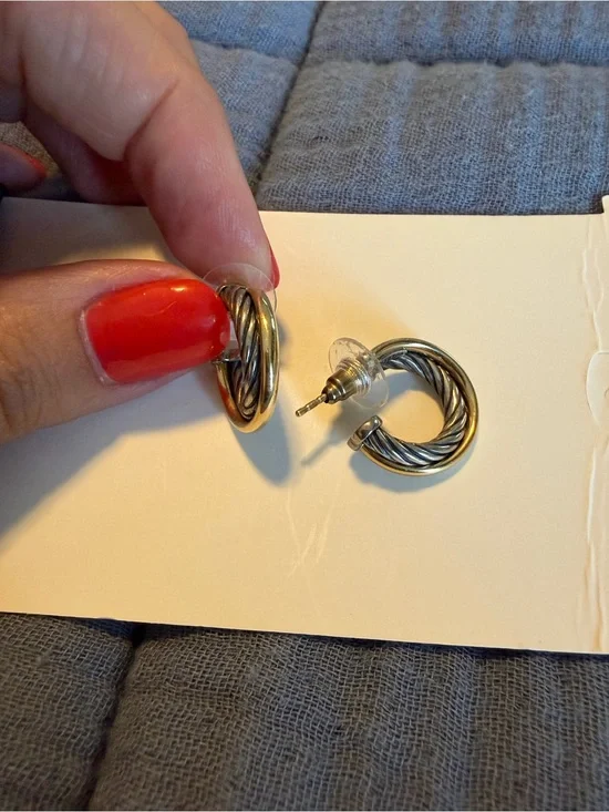 David Yurman Two-Tone Twisted Hoop Stud Earrings - Silver & Gold