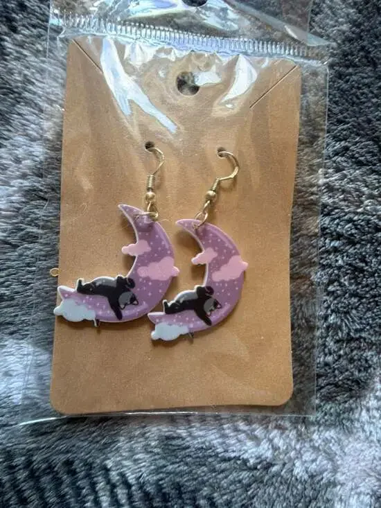 Cat Sleeping on Crescent Moon Acrylic Dangle Earrings