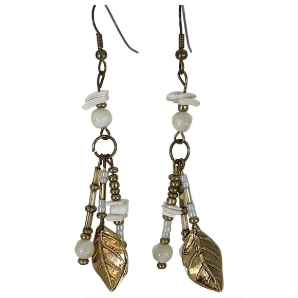 Gold Tone Leaf Dangle Earrings