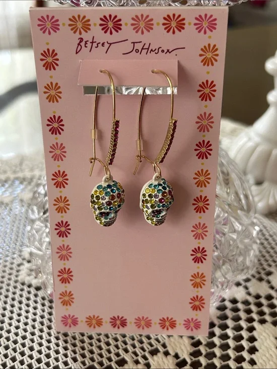 Betsey Johnson Gold Hoop Earrings with Multicolor Crystal Skull Charms