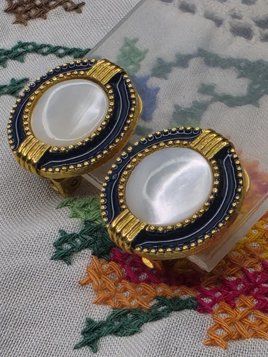 1928 Brand Mother Of Pearl Blue Enamel Golden Clip Earrings