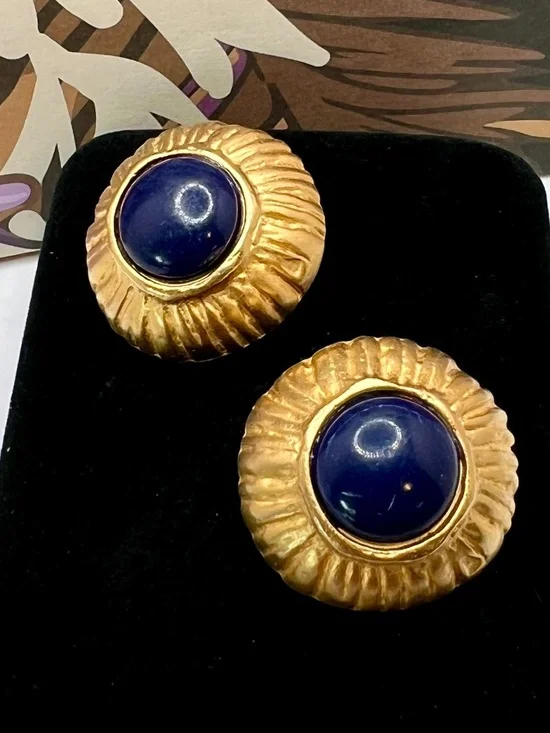 Navy Cabochon Textured Dome CLIP Earrings