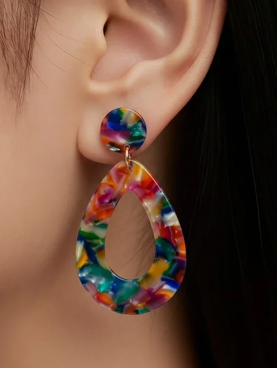 Rainbow Confetti Acrylic Statement Earrings Colorful Teardrop Resort Vacation