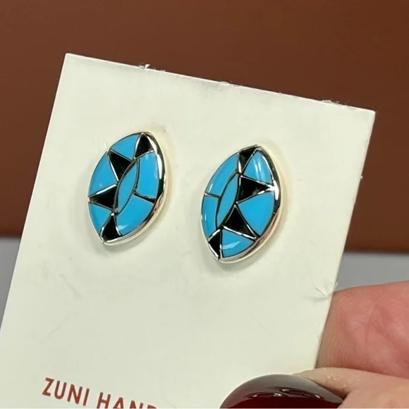 Zuni Silver Cut-Out Turquoise Inlay Post Earrings