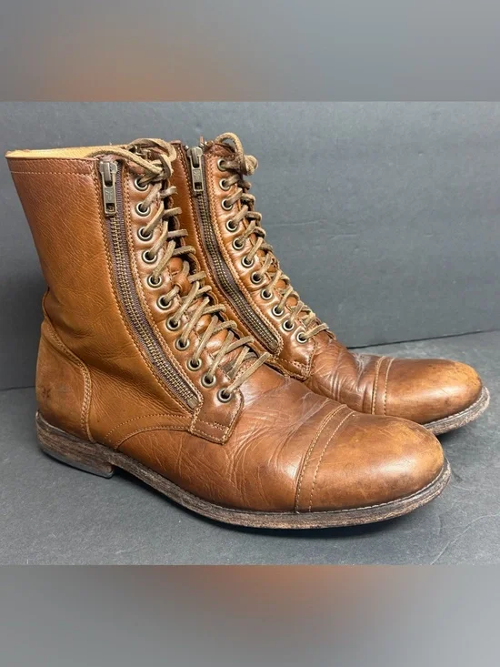 Frye Tyler Mens Size 10.5 D Double Zip Lace Up Brown Leather Boots