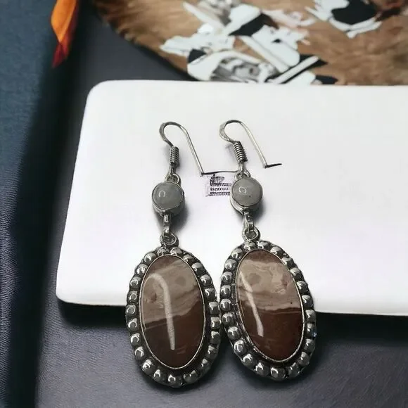 Vintage Brownie Jasper Rainbow‎ Moonstone Drop Dangle Earrings Jewelry 2.48