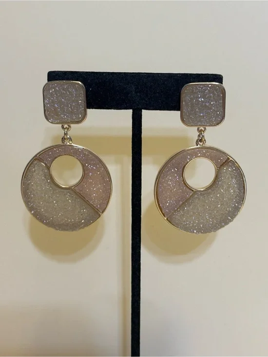 Sugarfix Gold-Tone Pale Pink and Cream Druzy Circle Drop Earrings 2-3/8”
