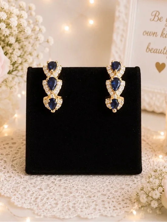 Blue Teardrop Shape Stone Hoop Earrings-Gold Tone Hardware-NWOT