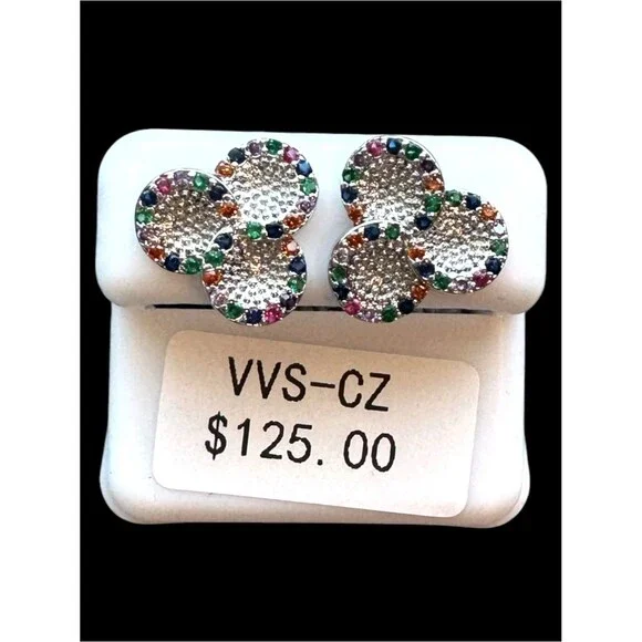 Multi Color VVS CZ Pavé Cluster Stud Earrings NWT Rainbow Stainless Steel