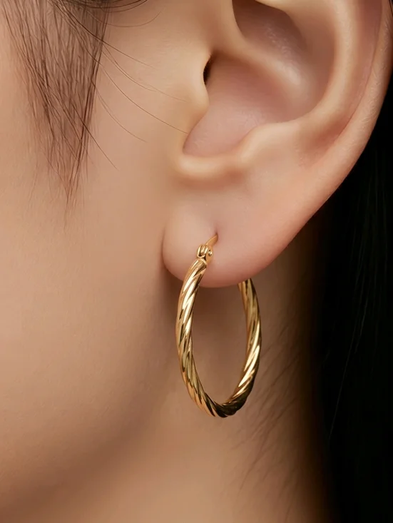 Twisted Gold Hoop Earrings 18K Stainless Steel 24mm Soft Everyday Luxe Upgrade