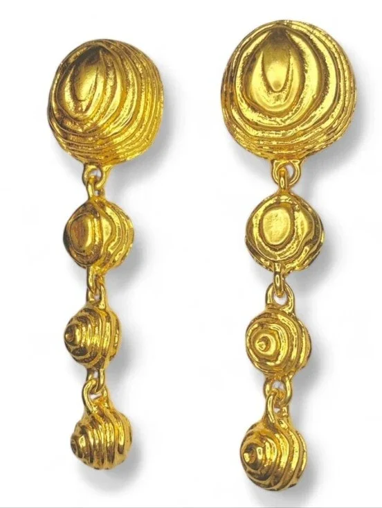 Signed Givenchy Brutalist Runway Long Dangle Drop Gold Tone Textured Earrings