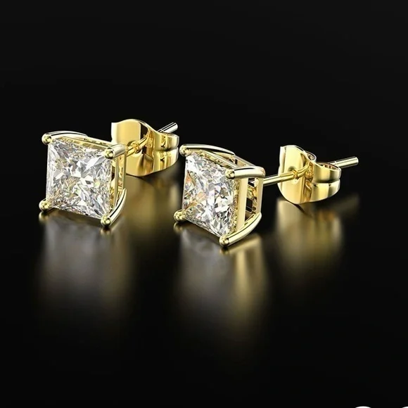 18k Yellow Gold Plated Princess Cut Square CZ Earrings Studs 1.5” Carats Diamond