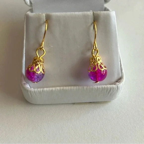 3/$20 Pink and Purple Dual Crystal Ornate Gold Plated Dangling Drop Earrings