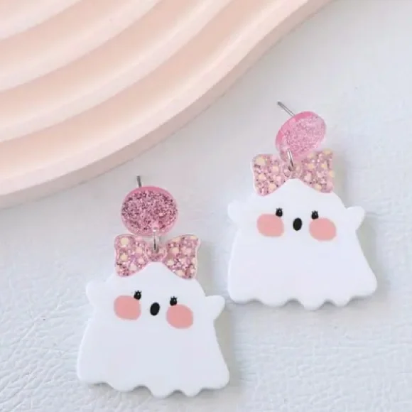 Cute Ghost Earrings with Pink Glitter Bows