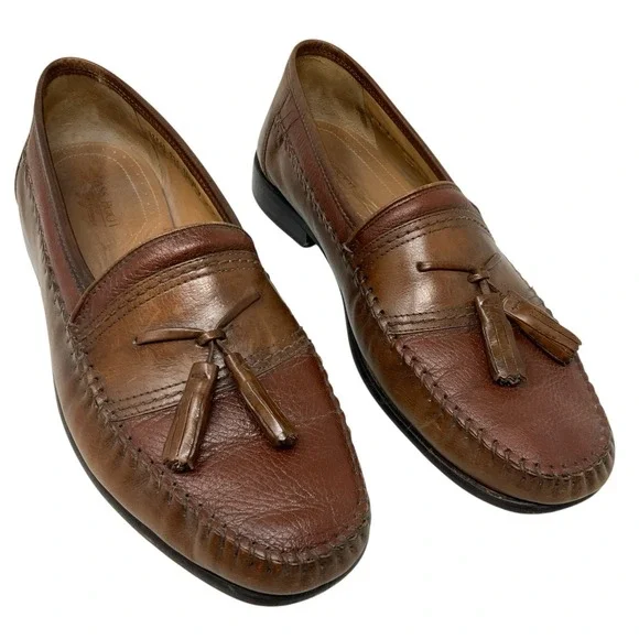 Brass‎ Boot Mens 10.5 W Tassel Sheep Skin Lining Brown Leather Loafer Shoes READ
